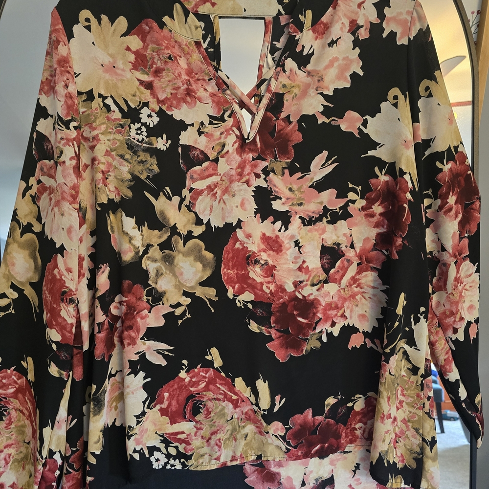 Peach Love California Black Floral Tunic with Pink & Cream Blooms